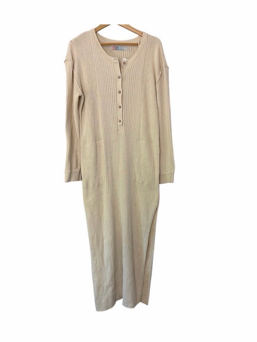 Free People Ribbed Long Sleeve Henley Maxi Dress - Cream